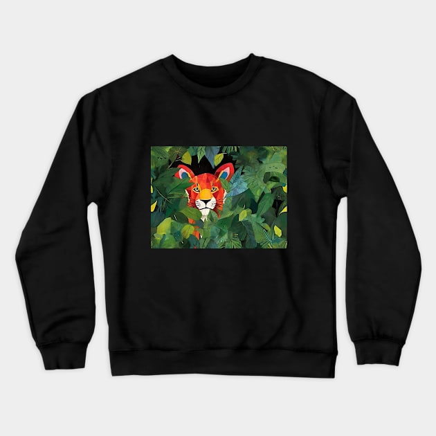 Cute Orange Tiger Peeking Out From Green Jungle Grass Crewneck Sweatshirt by ZAZIZU